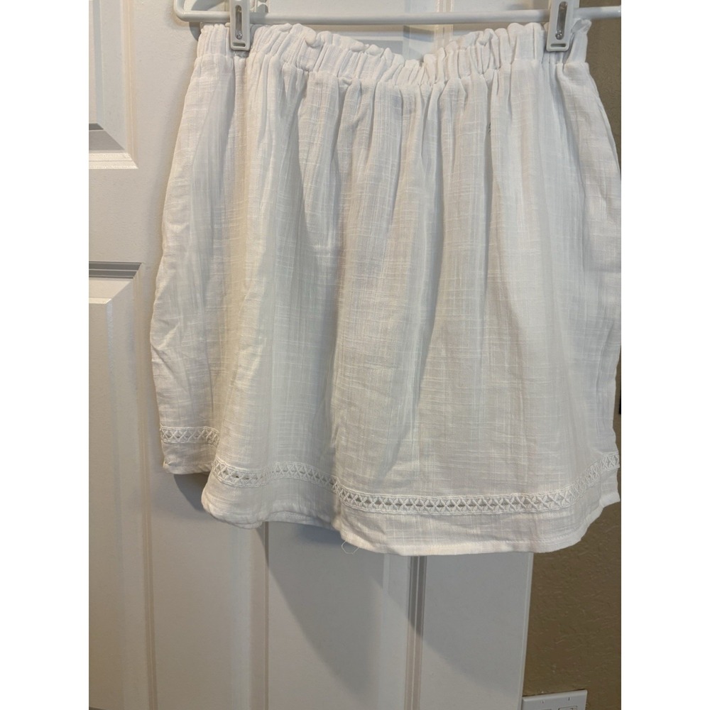 Bunulu White 100% Cotton Crochet Lace Trim A Line Skirt, XL